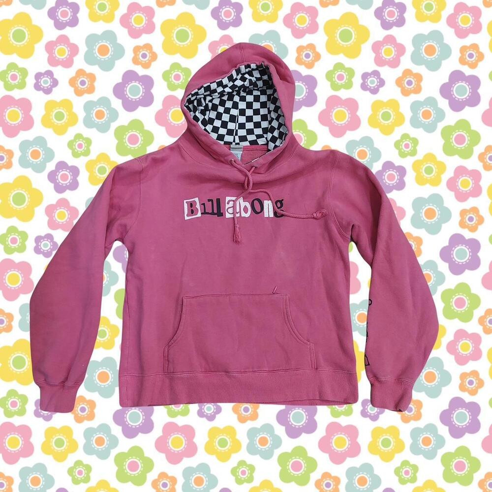2000s Pink billabong pullover hoodie with checkered print and spell out detail